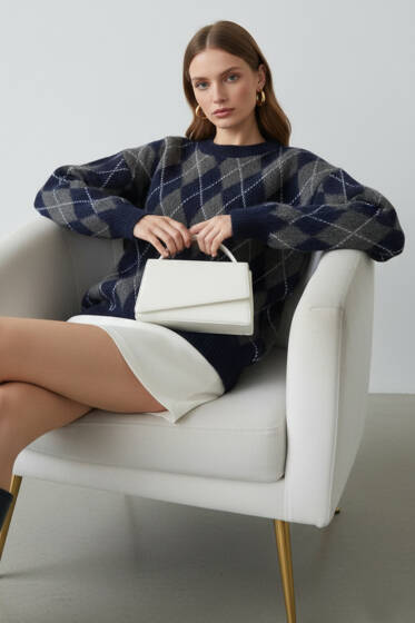 Baklava Desen Şardonlu Kazak Lacivert - Kadın Giyim Modelleri