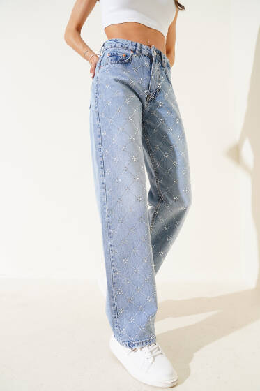 Baklava Desen Taşlı Bol Paça Kot Pantolon Açık Mavi - Kadın Giyim Modelleri