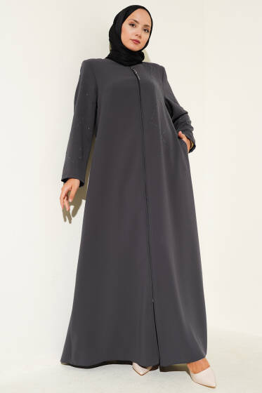 Baklava Desen Taşlı Fermuarlı Ferace Füme - Ferace