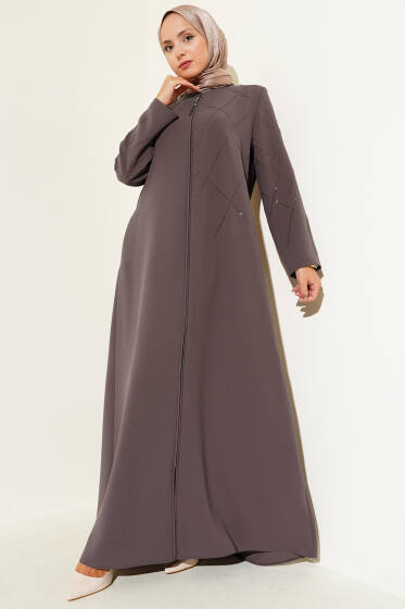 Baklava Desen Taşlı Fermuarlı Ferace Kahve - Ferace