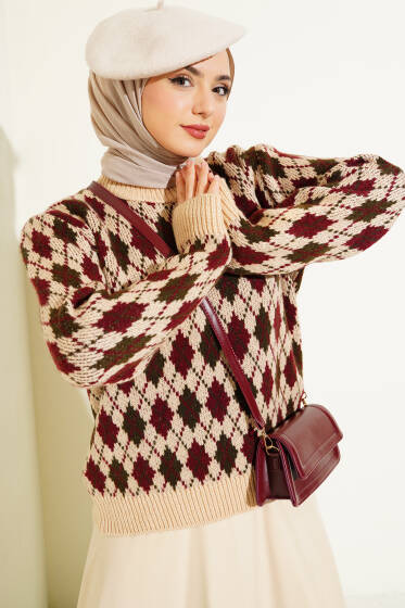 Baklava Desen Triko Kazak Bej - Triko Kazak