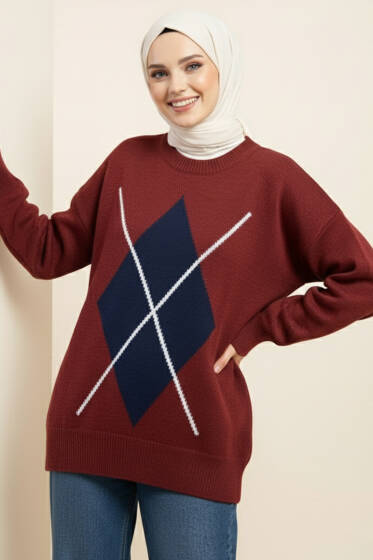  Baklava Desen Triko Kazak Bordo Lacivert - Triko Kazak