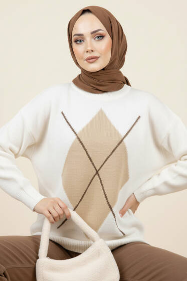 Baklava Desen Triko Kazak Ekru Latte - Triko Kazak