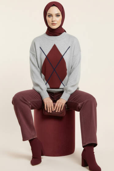 Baklava Desen Triko Kazak Gri Bordo - Triko Kazak