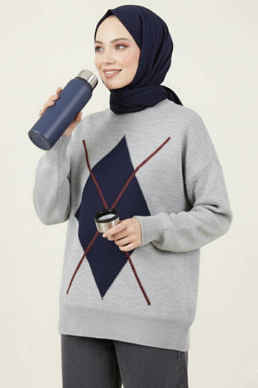Baklava Desen Triko Kazak Gri Lacivert - Triko Kazak