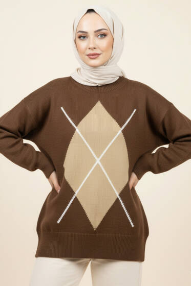 Baklava Desen Triko Kazak Kahve Latte - Triko Kazak