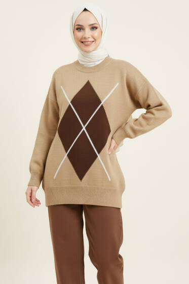 Baklava Desen Triko Kazak Latte Kahve - Triko Kazak