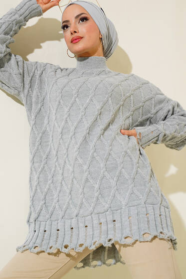 Baklava Desen Triko Tunik Gri - Kazak