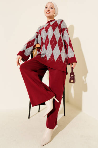 Baklava Desen Triko Tunik İkili Takım Bordo - İkili Takım
