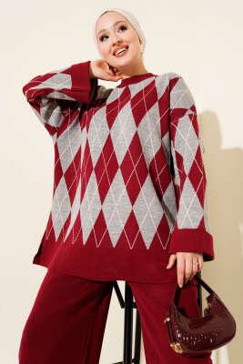 Baklava Desen Triko Tunik İkili Takım Bordo - İkili Takım