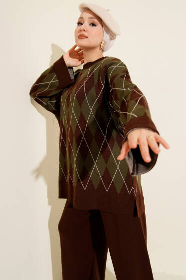 Baklava Desen Triko Tunik İkili Takım Kahve - İkili Takım