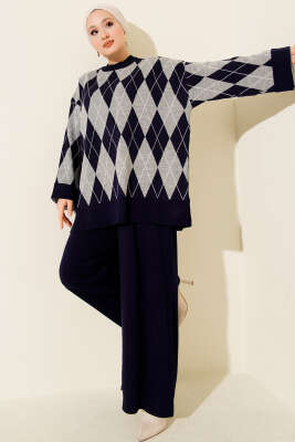 Baklava Desen Triko Tunik İkili Takım Lacivert - HATUN