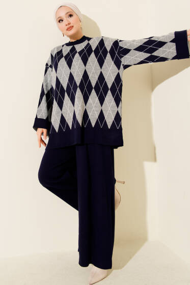 Baklava Desen Triko Tunik İkili Takım Lacivert - İkili Takım