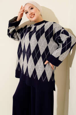 Baklava Desen Triko Tunik İkili Takım Lacivert - İkili Takım