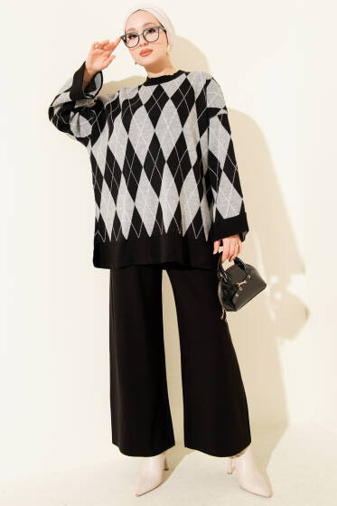 Baklava Desen Triko Tunik İkili Takım Siyah - İkili Takım