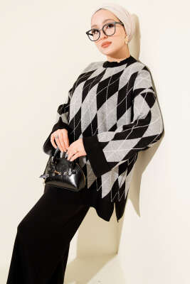 Baklava Desen Triko Tunik İkili Takım Siyah - İkili Takım
