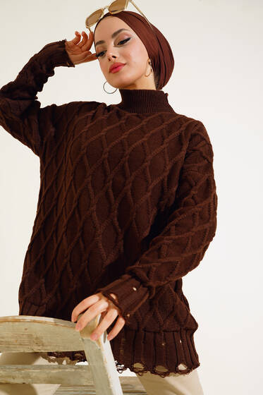 Baklava Desen Triko Tunik Kahve - Kazak