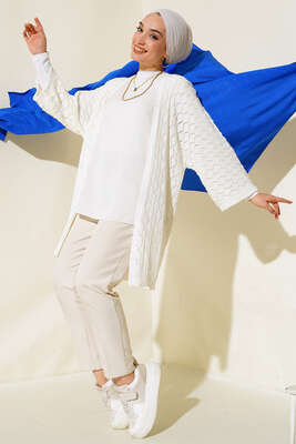 Baklava Desen Yarasa Kol Hırka Ekru - Triko Hırka