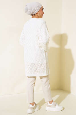 Baklava Desen Yarasa Kol Hırka Ekru - Triko Hırka