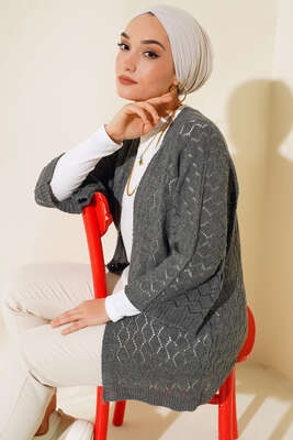 Baklava Desen Yarasa Kol Hırka Füme - Triko Hırka