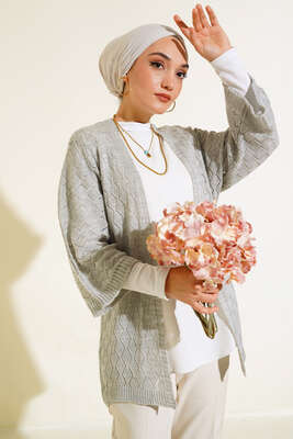 Baklava Desen Yarasa Kol Hırka Gri 