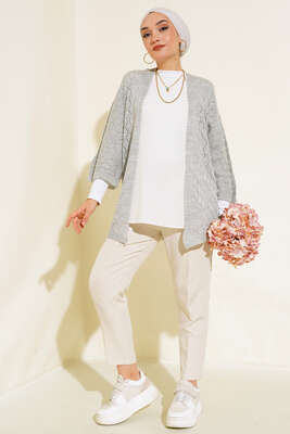 Baklava Desen Yarasa Kol Hırka Gri - Triko Hırka