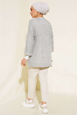 Baklava Desen Yarasa Kol Hırka Gri - Triko Hırka