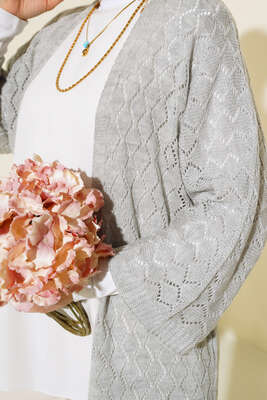 Baklava Desen Yarasa Kol Hırka Gri - Triko Hırka