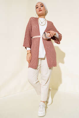 Baklava Desen Yarasa Kol Hırka Gül Kurusu - Triko Hırka