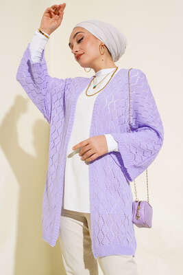 Baklava Desen Yarasa Kol Hırka Lila 