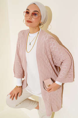 Baklava Desen Yarasa Kol Hırka Pudra 