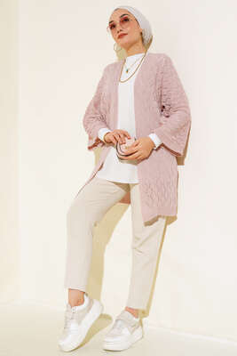 Baklava Desen Yarasa Kol Hırka Pudra - Triko Hırka