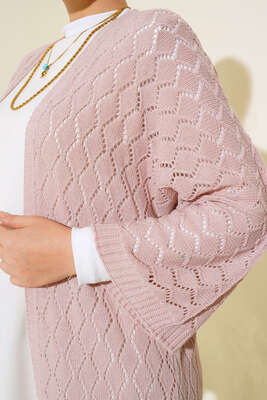 Baklava Desen Yarasa Kol Hırka Pudra - Triko Hırka