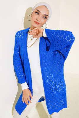 Baklava Desen Yarasa Kol Hırka Saks - Triko Hırka