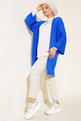 Baklava Desen Yarasa Kol Hırka Saks - Triko Hırka