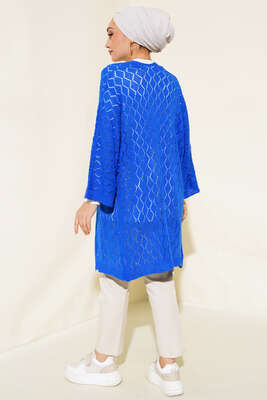 Baklava Desen Yarasa Kol Hırka Saks - Triko Hırka