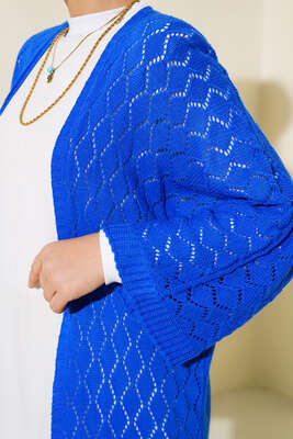 Baklava Desen Yarasa Kol Hırka Saks - Triko Hırka