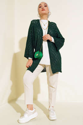 Baklava Desen Yarasa Kol Hırka Zümrüt - Triko Hırka