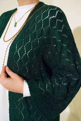 Baklava Desen Yarasa Kol Hırka Zümrüt - Triko Hırka