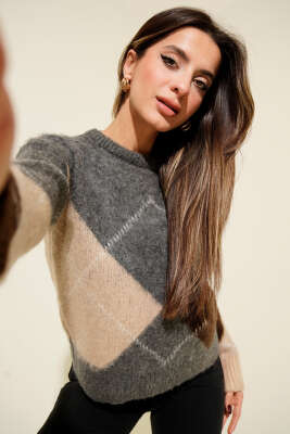 Baklava Desen Yumoş Triko Kazak Füme - LUSTRİN