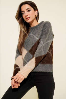 Baklava Desen Yumoş Triko Kazak Füme - Kadın Giyim Modelleri