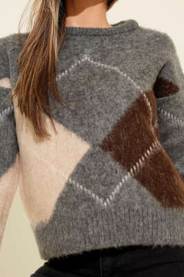 Baklava Desen Yumoş Triko Kazak Füme - Kadın Giyim Modelleri