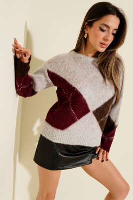 Baklava Desen Yumoş Triko Kazak Gri - LUSTRİN