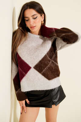 Baklava Desen Yumoş Triko Kazak Gri - Kadın Giyim Modelleri