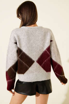 Baklava Desen Yumoş Triko Kazak Gri - Kadın Giyim Modelleri