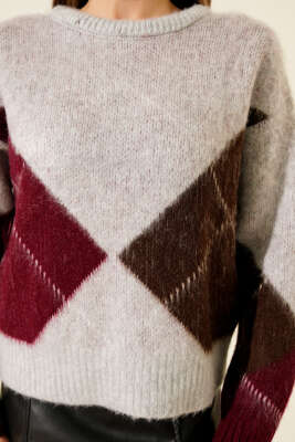 Baklava Desen Yumoş Triko Kazak Gri - Kadın Giyim Modelleri