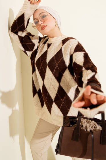 Baklava Desen Yumoş Triko Tunik Bej - Tunik