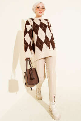 Baklava Desen Yumoş Triko Tunik Bej - Tunik