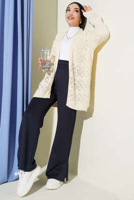 Baklava Desenli Ajurlu Triko Hırka Bej - Hırka