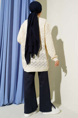 Baklava Desenli Ajurlu Triko Hırka Bej - Hırka